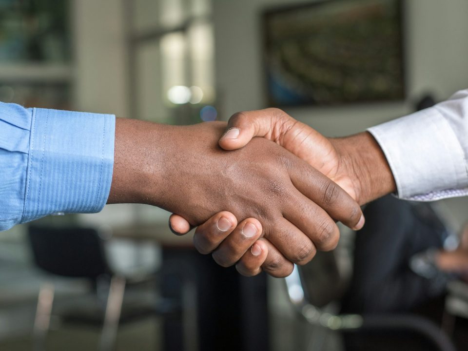 Two professionals shaking hands across a meeting table