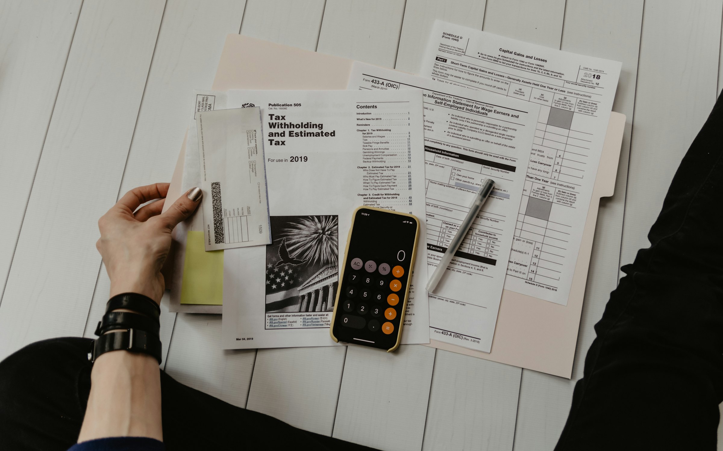 Financial statements and a calculator on a desk